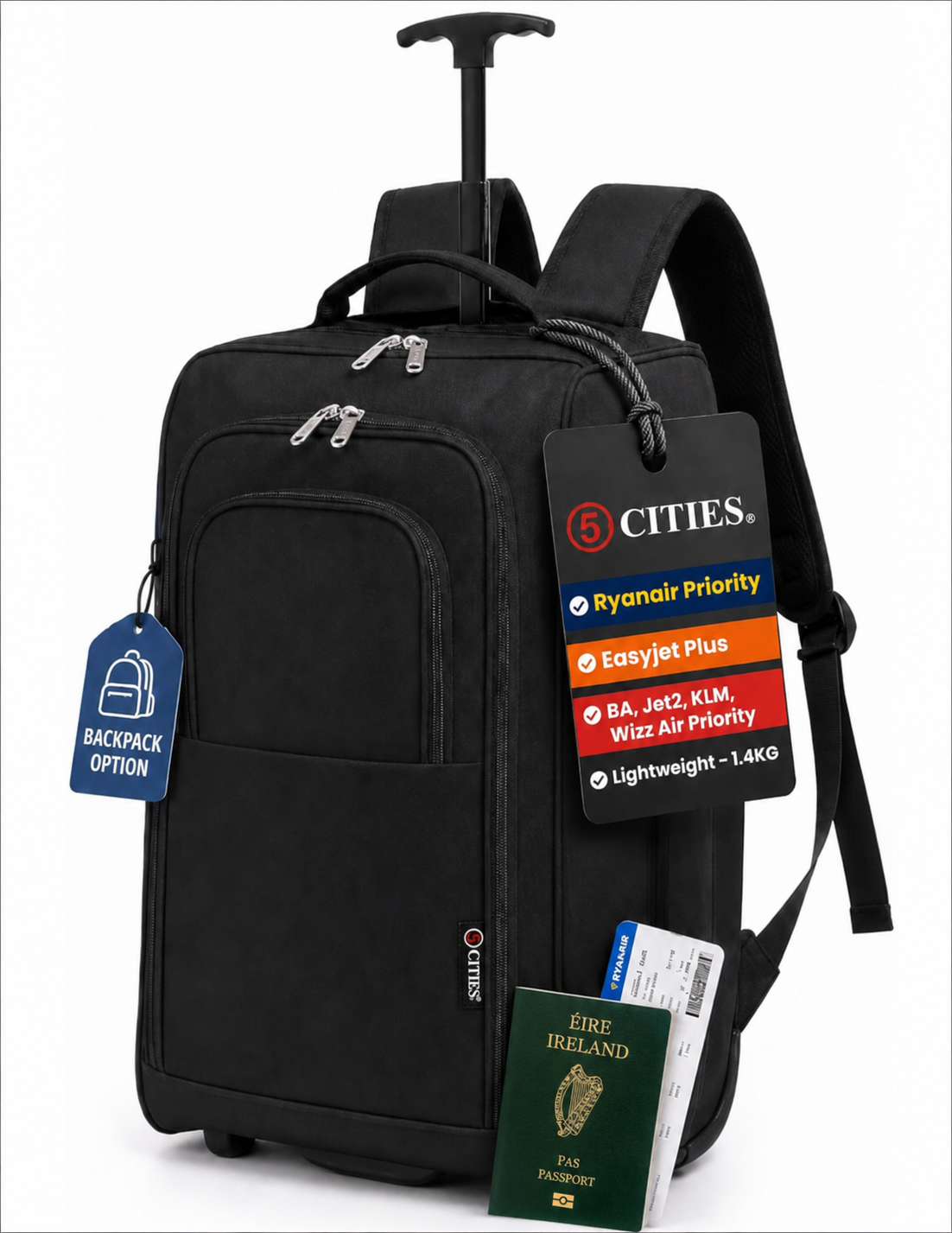 5 Cities 21"/55cm Backpack Trolley Bag Carry On Lightweight Travel Cabin Approved with Shoulder Straps Wheels Suit Case Hand Luggage with 2 Year Warranty, Black, 55 cm, Hand Luggage
