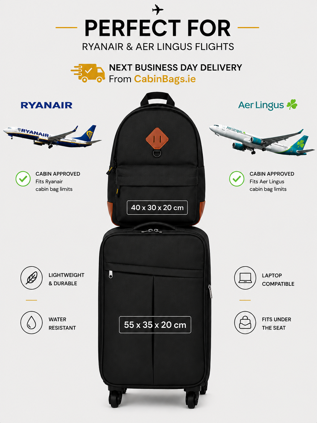 PRIORITY SIZE CABIN BAG SET WITH UNDERSEAT BACKPACK BLACK