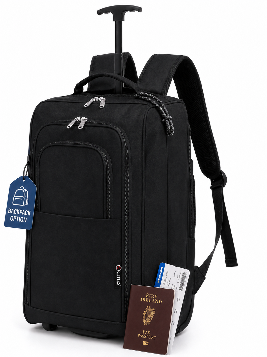 Overhead Cabin Trolley Backpack 55x35x20cm (Expandable to 55x40x20cm) 1.65 Kg Classic Black